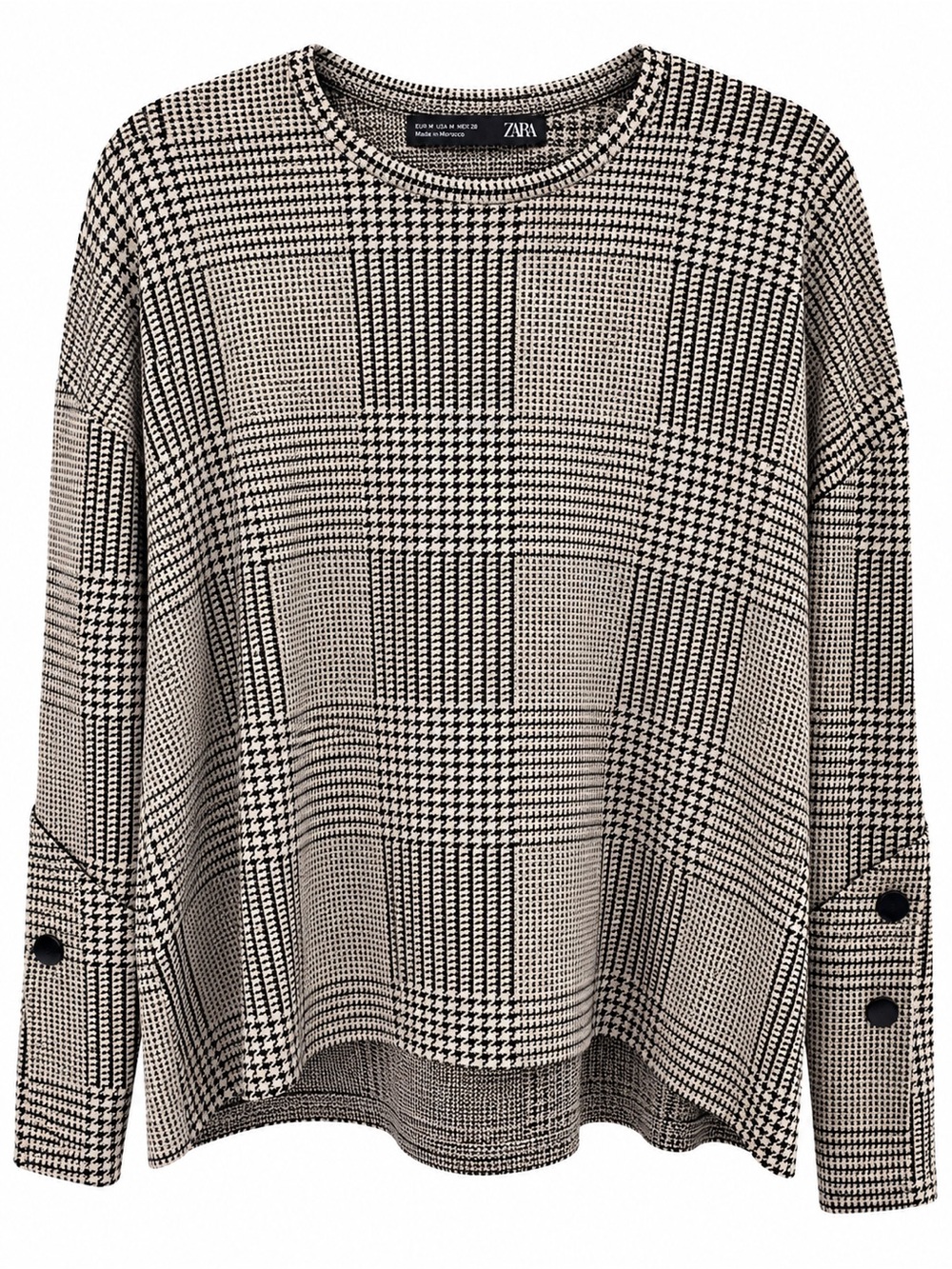 Zara Women’s M Black Cream Glen Plaid Houndstooth Button Cuff Top